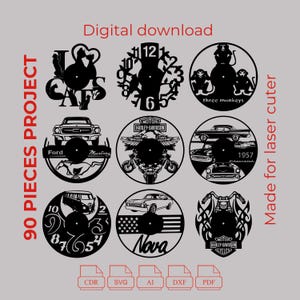 3. BUNDEL - unieke lasergesneden vinyl klokbundel - 90 project vinyl klok - muurkunst - lasergesneden cnc - pdf - dxf - cdr - AI - Svg-bestanden