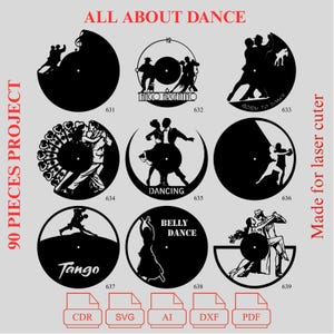 8. BUNDLE - Everything About Dance Unique Laser Cut Vinyl Clock Bundle - 90 Project Vinyl Clock - Pdf - Dxf - Cdr - Ai - Svg
