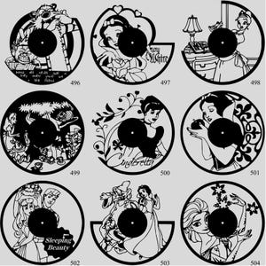 May include: A collection of black vinyl record art featuring various Disney characters. Designs include Snow White, Cinderella, and Elsa. Each record has a unique cutout design, with some including text like "Sleeping Beauty" and "Wings are never just wings".