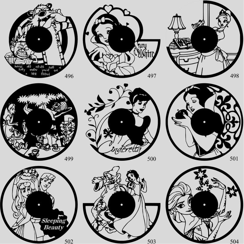 May include: A collection of black vinyl record art featuring various Disney characters. Designs include Snow White, Cinderella, and Elsa. Each record has a unique cutout design, with some including text like "Sleeping Beauty" and "Wings are never just wings".