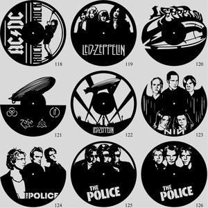 May include: Black vinyl record art featuring iconic rock bands. Includes AC/DC, Led Zeppelin, and The Police. Each design is a silhouette, with band names and imagery cut into the record. A unique gift for music lovers.