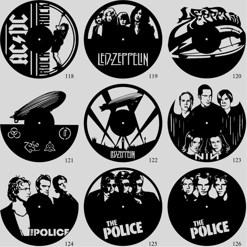May include: Black vinyl record art featuring iconic rock bands. Includes AC/DC, Led Zeppelin, and The Police. Each design is a silhouette, with band names and imagery cut into the record. A unique gift for music lovers.