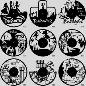 May include: A collection of black vinyl record art pieces. Designs include characters and themes from "Tom Sawyer", "The Nightmare Before Christmas", "Coraline", "Super Mario", and inspirational quotes. Each piece is a unique silhouette.