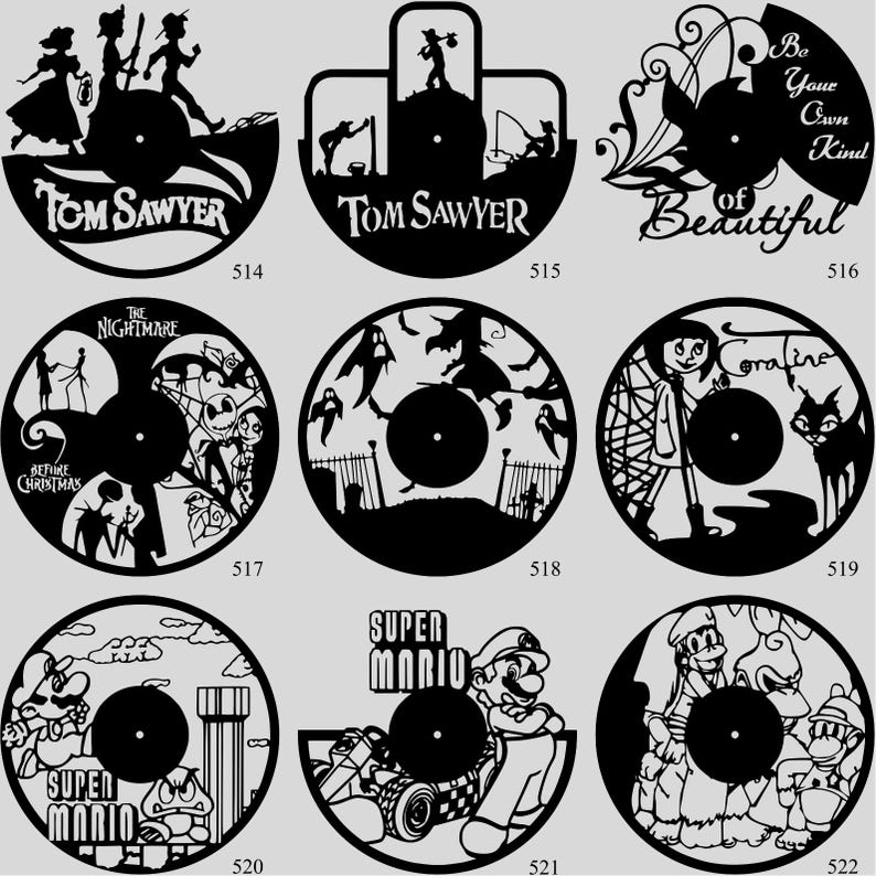 May include: A collection of black vinyl record art pieces. Designs include characters and themes from "Tom Sawyer", "The Nightmare Before Christmas", "Coraline", "Super Mario", and inspirational quotes. Each piece is a unique silhouette.