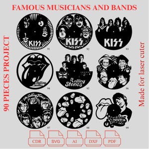 2. BUNDLE - World Famous Unique Musicians and Bands Laser Cut Vinyl Clock Bundle - 90 Project Vinyl Clock - Pdf - Dxf - Cdr - Ai - Svg