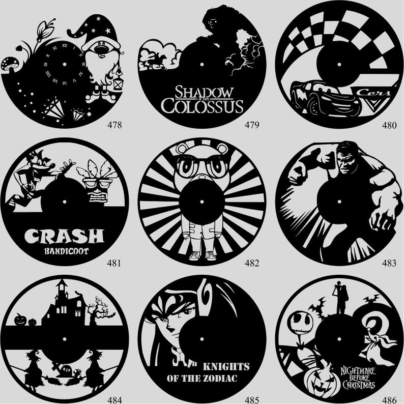 May include: A collection of black vinyl record clocks featuring various designs. The designs include a gnome with a clock face, the words "Shadow Colossus", a race car, Crash Bandicoot, a bear with glasses, the Hulk, a haunted house, "Knights of the Zodiac", and "Nightmare Before Christmas".