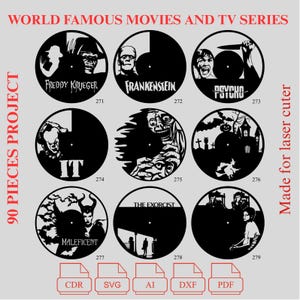 Puede incluir: Arte de discos de vinilo negro cortado con láser con personajes icónicos de películas de terror como Freddy Krueger, Frankenstein y El Exorcista. La obra de arte incluye los títulos de las películas y es un proyecto de 90 piezas.