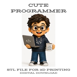May include: A figurine of a character with dark brown hair and black glasses, wearing a navy blue hoodie with a white code symbol, holding a grey laptop with a code symbol and a white mug with the text CODE CREATE REPEAT printed on it.