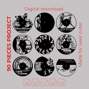 4. BUNDLE - Pacchetto esclusivo di orologi in vinile tagliati al laser - Orologio in vinile 90 Project - Arte da parete - Taglio laser CNC - File PDF - DXF - CDR - Ai - SVG