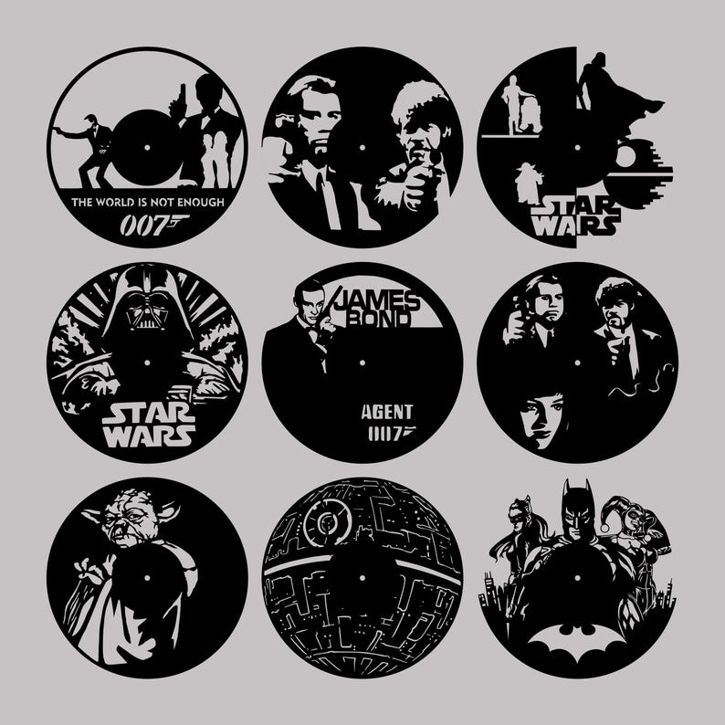 May include: Nine black and white circular vinyl record designs featuring popular movie characters and logos. The designs include Darth Vader, Yoda, the Death Star, James Bond, and Batman.