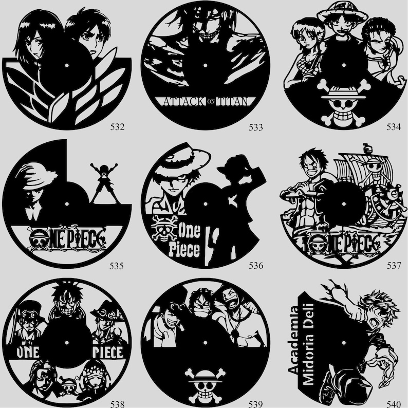May include: A collection of black vinyl record clocks featuring anime characters and logos. Designs include characters from "Attack on Titan", "One Piece", and "Academia Midoria Deli". Each clock has a central circular dial.