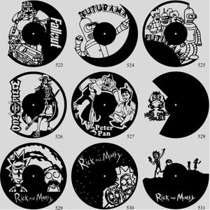 May include: A collection of black vinyl record art featuring pop culture themes. Designs include characters and logos from Fallout, Futurama, Peter Pan, and Rick and Morty. Each record has a unique cutout design.