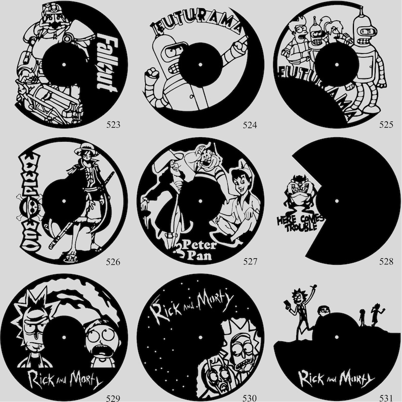 May include: A collection of black vinyl record art featuring pop culture themes. Designs include characters and logos from Fallout, Futurama, Peter Pan, and Rick and Morty. Each record has a unique cutout design.