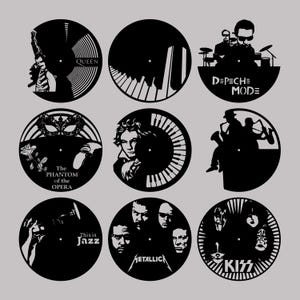 May include: Nine black and white clock designs featuring various musical artists and themes. The designs include Queen, Depeche Mode, The Phantom of the Opera, Mozart, Jazz, Metallica, and Kiss.