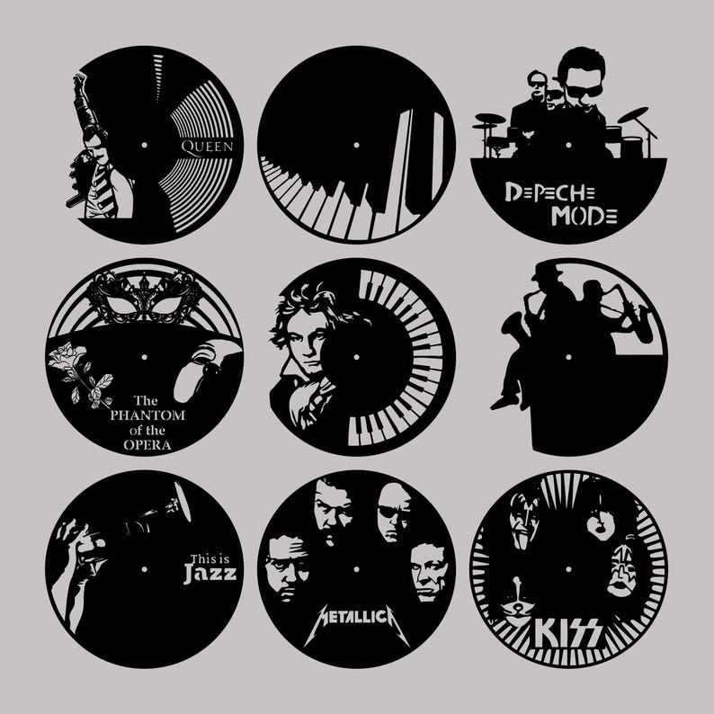 May include: Nine black and white clock designs featuring various musical artists and themes. The designs include Queen, Depeche Mode, The Phantom of the Opera, Mozart, Jazz, Metallica, and Kiss.