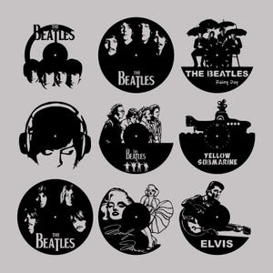May include: Nine black and white vinyl record designs featuring various music icons. The designs include The Beatles, a yellow submarine, Elvis Presley, and Marilyn Monroe.