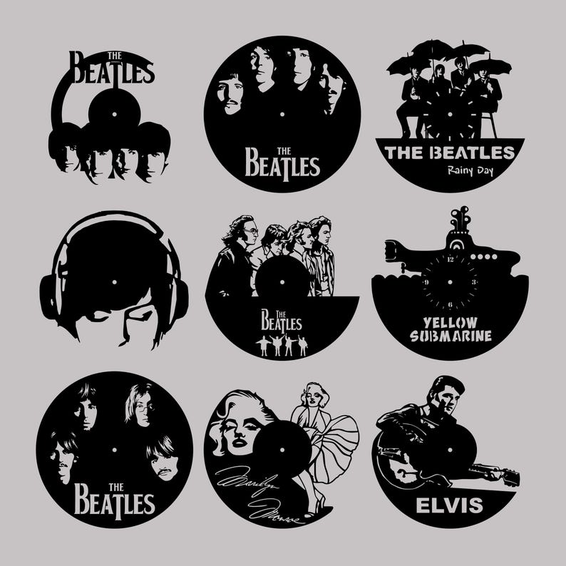 May include: Nine black and white vinyl record designs featuring various music icons. The designs include The Beatles, a yellow submarine, Elvis Presley, and Marilyn Monroe.