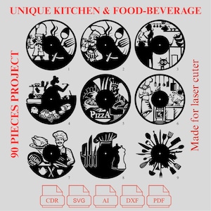 Op de afbeelding: Een verzameling van negen zwarte lasergesneden ontwerpen, elk met keuken- en voedselgerelateerde thema's. De ontwerpen omvatten koks, keukengerei en het woord "PIZZA". De tekst "UNIQUE KITCHEN & FOOD-BEVERAGE" en "90 PIECES PROJECT" zijn ook aanwezig.