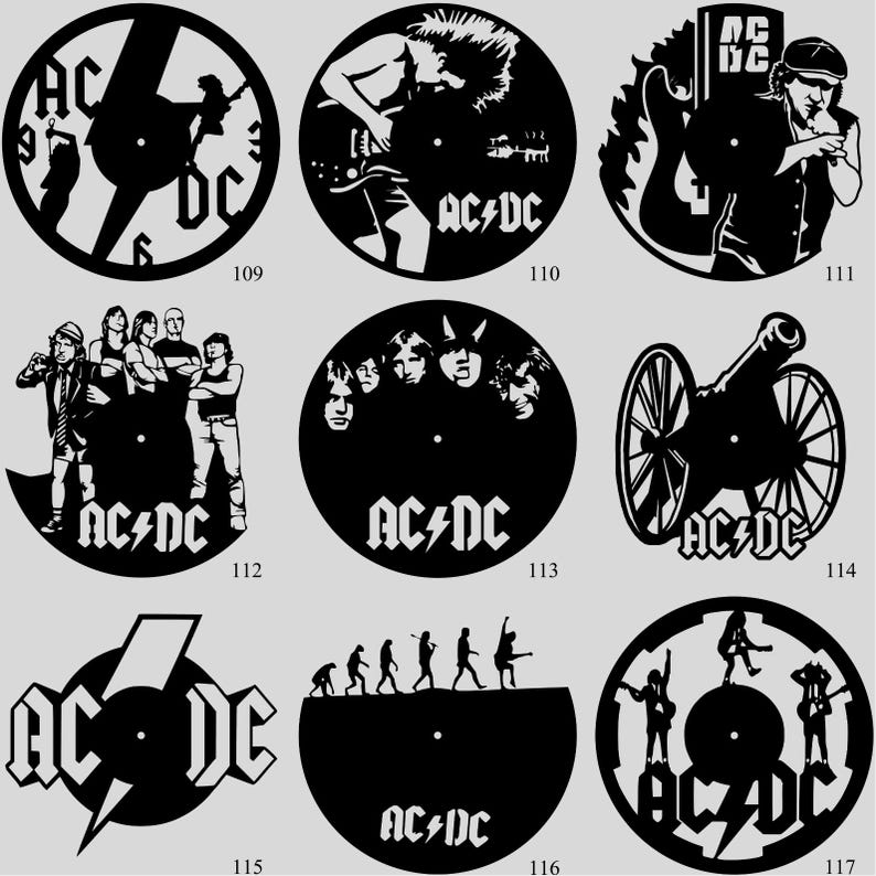 May include: Collection of black vinyl record clocks featuring the AC/DC logo and various band-related silhouettes. Designs include a clock face, band members, and a cannon. Each clock is a unique piece of rock and roll art.