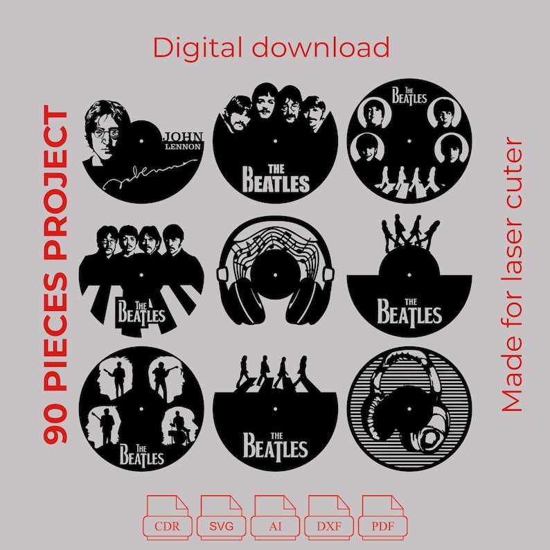 90 Designs Laser Cut Files for Wall Decor | Vinyl Record Clock SVG DXF PDF image 1