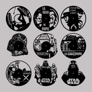 May include: Nine black and white vinyl record clock designs featuring popular movie and TV show characters. The designs include Darth Vader, Star Wars characters, the characters from La Casa de Papel, and the characters from the movie Goodfellas.