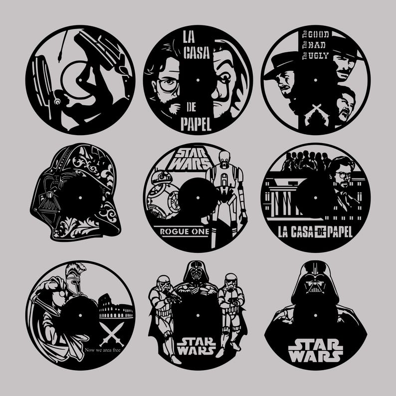 May include: Nine black and white vinyl record clock designs featuring popular movie and TV show characters. The designs include Darth Vader, Star Wars characters, the characters from La Casa de Papel, and the characters from the movie Goodfellas.