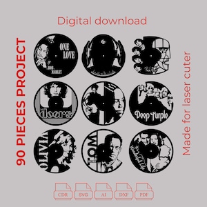19. BUNDLE - Pacchetto esclusivo di orologi in vinile tagliati al laser - Orologio in vinile 90 Project - Arte da parete - Taglio laser CNC - File PDF - DXF - CDR - Ai - SVG