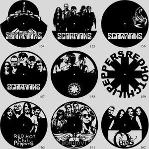 May include: A collection of black vinyl record clocks featuring various rock bands. The designs include the band names "Scorpions", "Red Hot Chili Peppers", "Bon Jovi", and "Morris", along with band member silhouettes and logos.