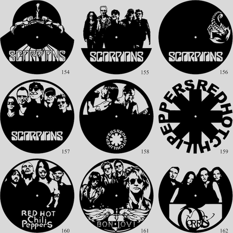 May include: A collection of black vinyl record clocks featuring various rock bands. The designs include the band names "Scorpions", "Red Hot Chili Peppers", "Bon Jovi", and "Morris", along with band member silhouettes and logos.