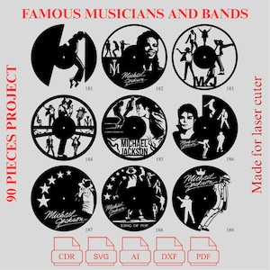 3. BUNDLE - World Famous Unique Musicians and Bands Laser Cut Vinyl Clock Bundle - 90 Project Vinyl Clock - Pdf - Dxf - Cdr - Ai - Svg