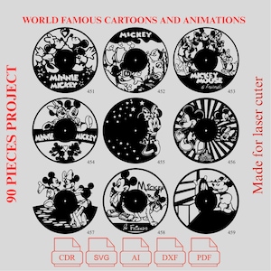 File di taglio laser per orologi in vinile con cartoni animati – 90 modelli (PDF, SVG, DXF)