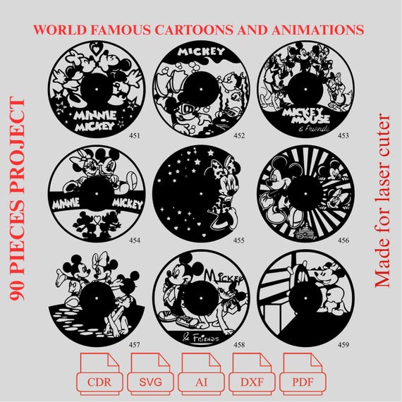 Cartoon Vinyl Clock Laser Cut Files – 90 Designs (PDF, SVG, DXF)