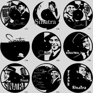 May include: Black vinyl record wall art featuring silhouettes of Frank Sinatra. Each design includes Sinatra's image, a microphone, or song lyrics. The designs are numbered 145 through 153.