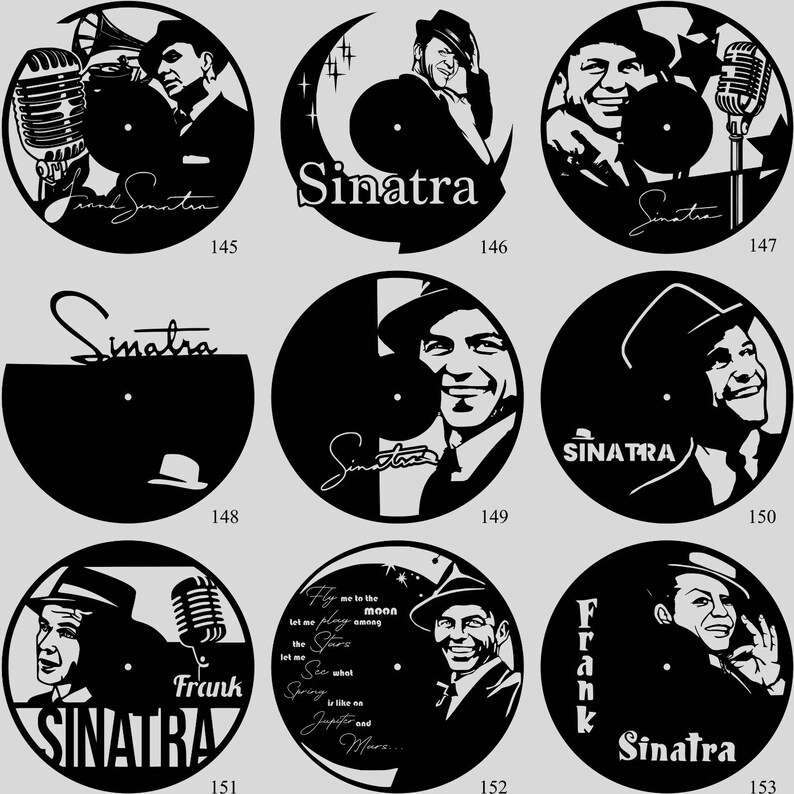 May include: Black vinyl record wall art featuring silhouettes of Frank Sinatra. Each design includes Sinatra's image, a microphone, or song lyrics. The designs are numbered 145 through 153.