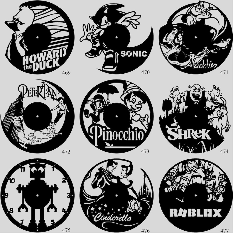 May include: A collection of black vinyl record clocks featuring various cartoon characters and themes. Designs include Howard the Duck, Sonic, Aladdin, Peter Pan, Pinocchio, Shrek, a robot, Cinderella, and Roblox.