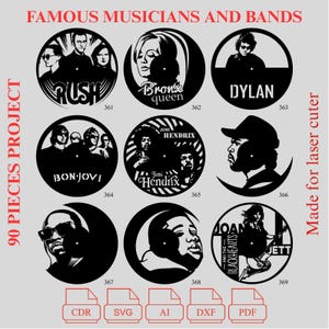 5. BUNDLE - World Famous Unique Musicians and Bands Laser Cut Vinyl Clock Bundle - 90 Project Vinyl Clock - Pdf - Dxf - Cdr - Ai - Svg
