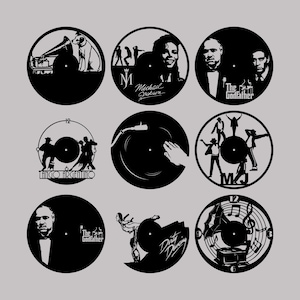 May include: Nine black and white vinyl record clock designs. The designs include a gramophone, a DJ mixing, a tango couple, Michael Jackson, The Godfather, Dirty Dancing, and musical notes.