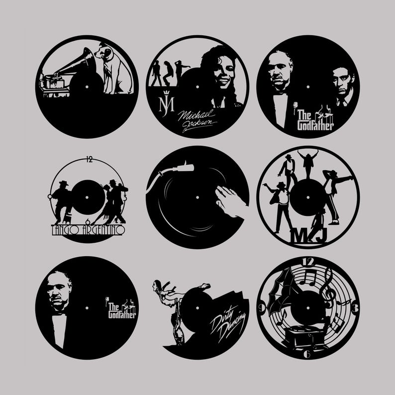 May include: Nine black and white vinyl record clock designs. The designs include a gramophone, a DJ mixing, a tango couple, Michael Jackson, The Godfather, Dirty Dancing, and musical notes.