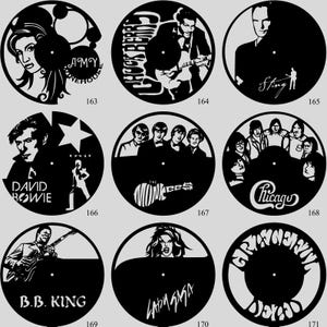 May include: A collection of black vinyl record art pieces featuring iconic musicians and bands. Each piece is a silhouette, with artists like Amy Winehouse, David Bowie, and B.B. King. The collection includes the names of the artists.