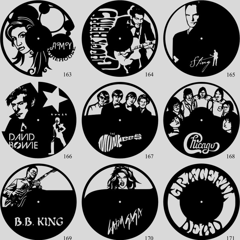 May include: A collection of black vinyl record art pieces featuring iconic musicians and bands. Each piece is a silhouette, with artists like Amy Winehouse, David Bowie, and B.B. King. The collection includes the names of the artists.