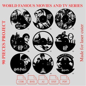May include: Nine black laser-cut designs depicting scenes and characters from the Harry Potter film series. Each circular design includes the text "Harry Potter", "HP", "Platform 9 3/4", and "Hogwarts". The image also shows file type icons for digital design.