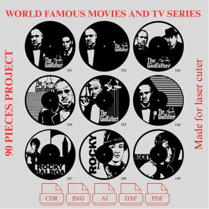 Può includere: Una collezione di nove disegni circolari in bianco e nero con temi di film e serie TV famosi. I disegni includono ritratti e testo dei film "Il Padrino" e "Rocky". L'immagine include anche icone di tipo di file per progetti di taglio laser.