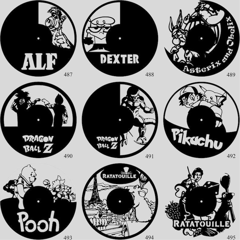 May include: A collection of black vinyl record art featuring various cartoon characters. Designs include ALF, Dexter, Asterix and Obelix, Dragon Ball Z, Pikachu, Winnie the Pooh, and Ratatouille. Each piece has a central hole.