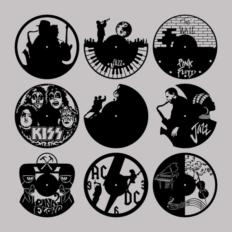May include: Nine black and white vinyl record clock designs featuring various music themes, including The Wall, Pink Floyd, Kiss, Jazz, and AC/DC. Each design includes a clock face in the center.
