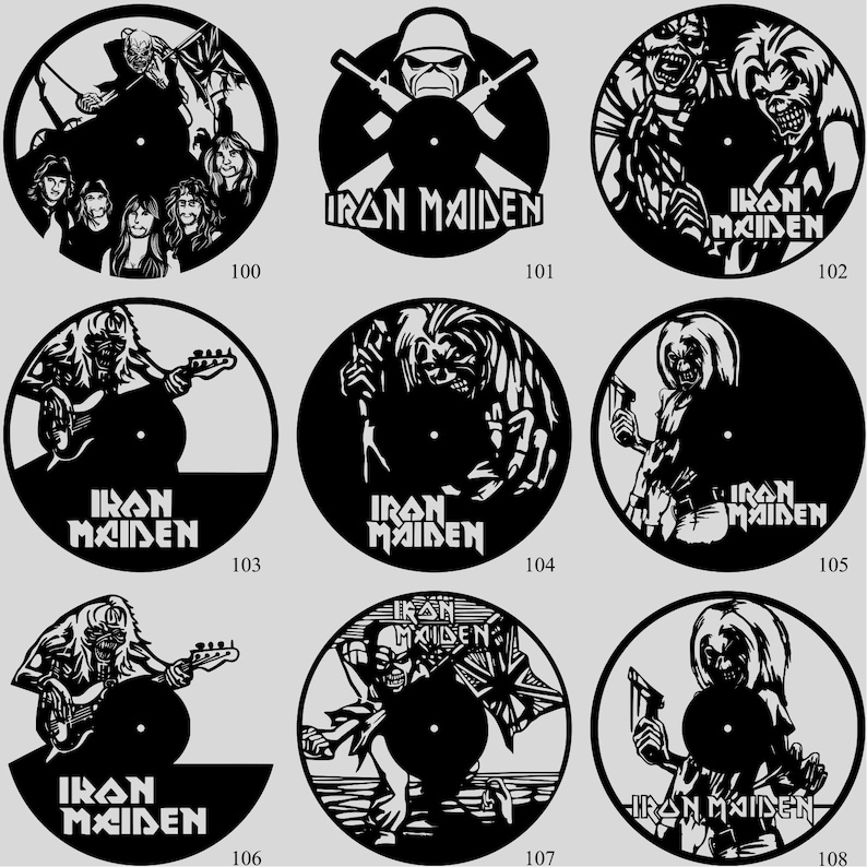 May include: A collection of black vinyl record art featuring Iron Maiden band imagery. Each record has a unique design, including band members, the band's logo, and album art. The records are numbered 100 through 108.