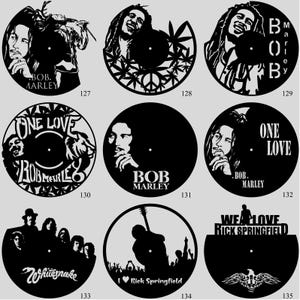 May include: A collection of black vinyl record art featuring iconic musicians and bands. Designs include Bob Marley, with text and imagery, and other bands like Whitesnake and Rick Springfield. Each piece is a unique silhouette.