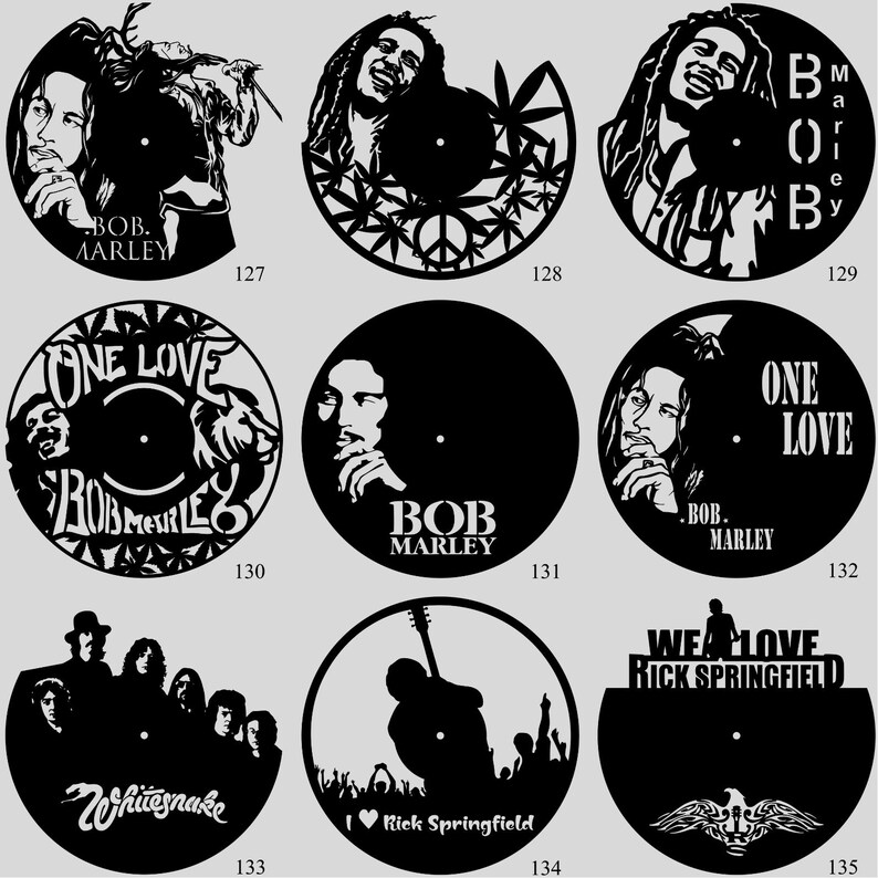 May include: A collection of black vinyl record art featuring iconic musicians and bands. Designs include Bob Marley, with text and imagery, and other bands like Whitesnake and Rick Springfield. Each piece is a unique silhouette.