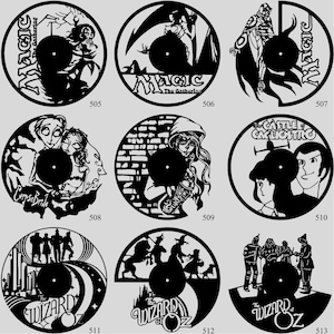 May include: A collection of black vinyl record art pieces. Designs include characters and logos from "Magic: The Gathering", "Corpse Bride", "The Wizard of Oz", and "Castle of Cagliostro". Each piece is a unique, circular silhouette.