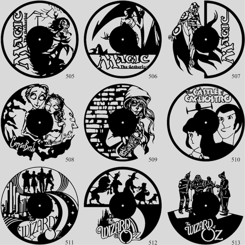 May include: A collection of black vinyl record art pieces. Designs include characters and logos from "Magic: The Gathering", "Corpse Bride", "The Wizard of Oz", and "Castle of Cagliostro". Each piece is a unique, circular silhouette.