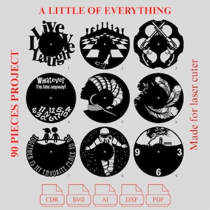 Op de afbeelding: Een verzameling van negen zwarte lasergesneden ontwerpen, elk cirkelvormig met een uniek thema. Ontwerpen omvatten tekst, schaakstukken, wapens, een astronaut en silhouetten. De tekst "A Little of Everything" en "90 Pieces Project" is ook zichtbaar.